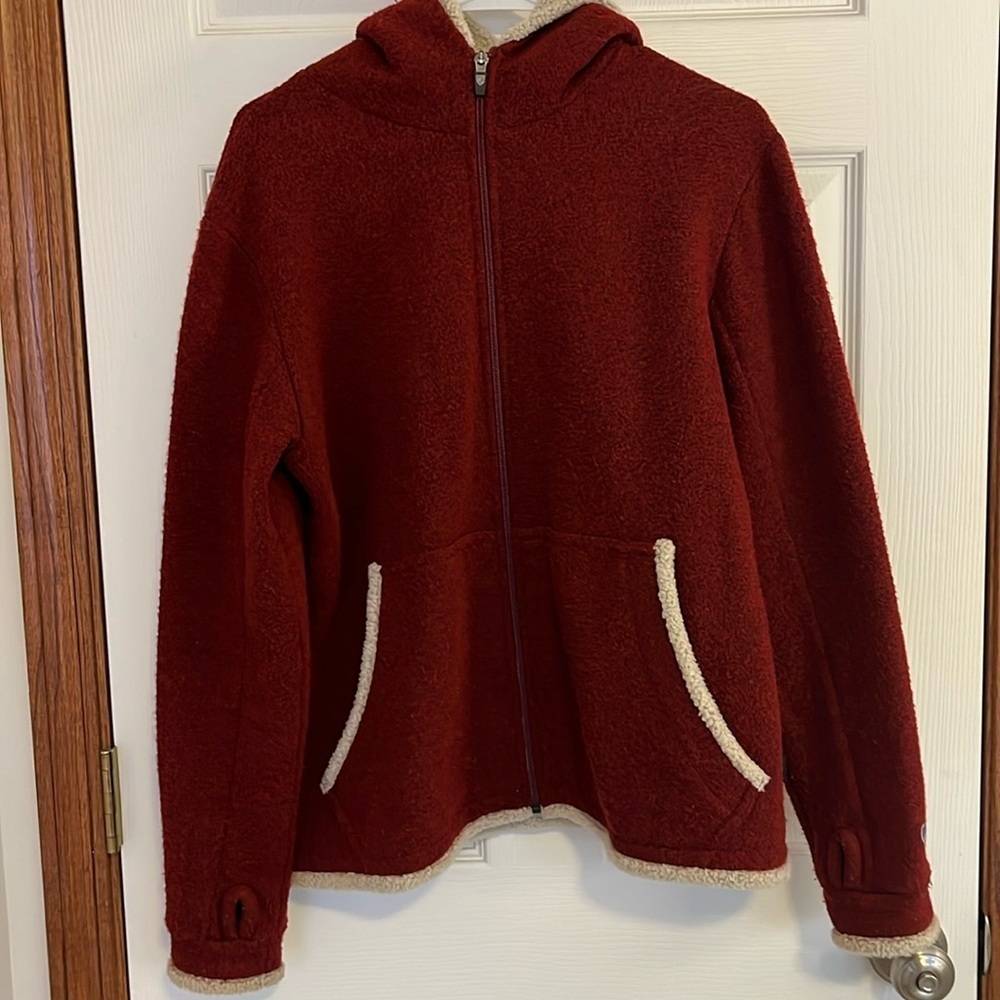 KÜLH Maroon Red w/ Cream Trim‎ Zip Front Alfpaca Fleece Hooded Jacket Women’s Lg